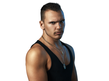 Ciddi bir ifadesi olan kaslı bir adam. Siyah bir atlet ve zincir giyiyor. Güç, kararlılık ve uygunluk temalarını tasvir etmek için ideal.