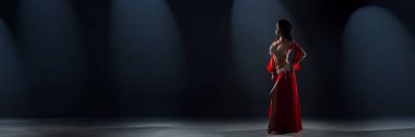 Karanlık bir sahnede kırmızı kostümlü bir dansçı. Dramatik ışıklandırma ve zarif poz, geniş afiş fotokopi alanı, dans, performans veya sanatsal promosyonlar için ideal.