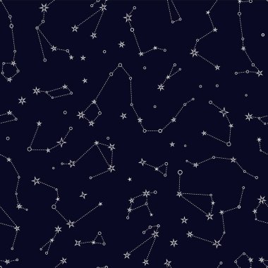 Yıldızlı gece gökyüzü vektörü kusursuz desen. Samanyolu 'nun takım yıldız haritası. Kumaş, ambalaj, astroloji, telefon kılıfı, yoga minderi, defter kapakları, ambalaj kağıdı tasarımı için mistik esrarengiz arkaplan