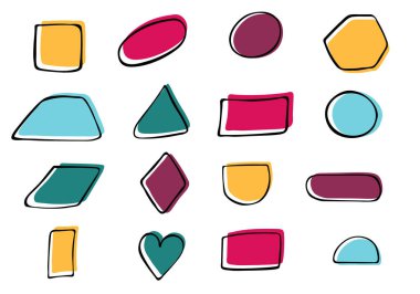 Beyaz üzerine izole edilmiş soyut şekiller. Logo tasarımı için vektörsüz el şekli. Soyut geometrik şekiller. Basit figürler, vahşet, İsviçre tarzı, ilkel, cesur, minimal biçimler..