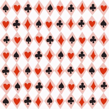 Kart takımlı kusursuz desen, kalpler, sinekler, maça ve elmaslar. Kumarhane kumarı, poker geçmişi. Soyut renksiz vektörsüz desen. Eşkenar dörtgenli arkaplan.
