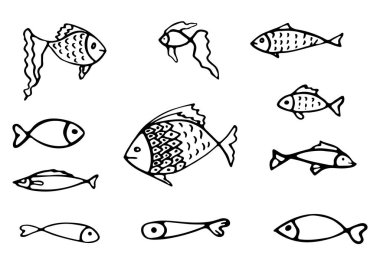 Balık karalaması. İskandinav tarzında basit balık ikonları çizilmiş. Balıkçılık ve deniz ürünleri. Deniz sakinlerinin siyah çizgileri. Beyaz arkaplanda izole edilmiş vektör illüstrasyonu. Deniz altı dünyası.