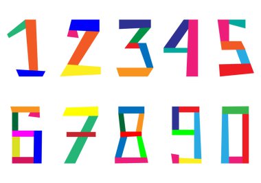 El çizimi renkli sayılar ayarlandı. Saf bir şekilde parlak formlar. Kolaj. Koleksiyon defteri, çıkartma ve eğitim oyunu için beyaz arkaplanda izole edilmiş bir dizi renk vektörü simgesi. Doodle biçimi