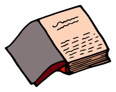 Açık kitap taslağı, beyaz arkaplanda vektör çizimi. El çizimi çizimi. Yaratıcı mürekkep çizimleri. Modern, samimi bir resim. Okul kitabına geri dönelim. Eğitim ve öğrenim için renkli ders kitabı.
