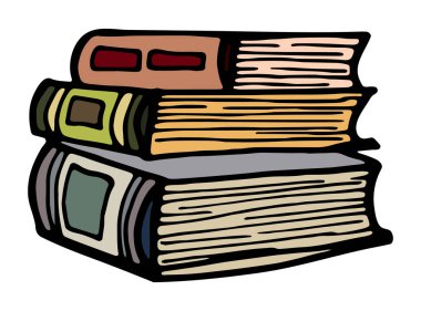 Bir kitap yığınının el çizimi. Sketch, beyaz arkaplanda vektör çizimi. Yaratıcı mürekkep çizimleri. Modern, samimi bir resim. Okul kitabına geri dönelim. Eğitim ve öğrenim için renkli ders kitabı.