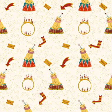 Circus seamless pattern with cats on standing stage, ring fire, arrows and tickets, with stars on background. Flat vector illustration. Childish hand drawn. Doodle style. clipart