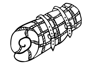 Kemerli katlanmış tartan battaniyesi. Yan görüş. El yapımı sıcak kış elementi. Doodle tarzı. Samimi örtülü vektör çizimi. Yatak odası, kanepe, sandalye, veranda, piknik için dekoratif katlama örtüsü.