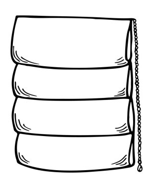 Pencere yatay olarak dikey olarak kapalı. Kör Roma perdelerini çiz. Ofis, ev, beyaz arka plandaki oda için jaluzi perdeleri. Vektör çizimi. Ev dekoru. Tekstil karala.