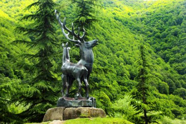 Pasanauri, Gürcistan - 19 Haziran 2016: Siyah ve Beyaz Aragvi nehirlerinin birleştiği yere yakın yol kenarındaki geyik heykeli