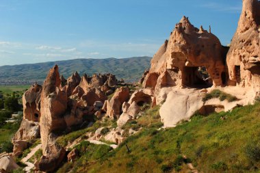 Unusual rocks and karst formations near Goreme town in Cappadocia, central Turkey