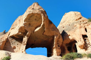 Unusual rocks and karst formations near Goreme town in Cappadocia, central Turkey