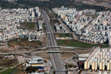 Antalya, Turkey - January 19, 2023: Aerial view of Liman, Hurma and Sarisu residential neighbourhoods in Konyaalti district of Antalya