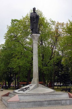 Augustow, Poland - May 2, 2019: Monument to the Polish king Zygmunt August, dedicated to the 450th anniversary of granting city rights in the center of Augustow