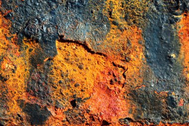 Rusty steel structure in sea water, closeup texture of rusted iron, vibrant colors of metal corrosion