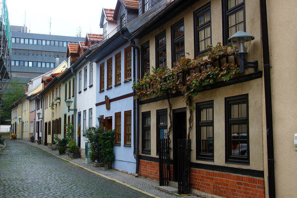 Erfurt, Germany - October 7, 2023: Renovated old houses in Andreasviertel district of Erfurt old town, famous for its historical small-scale development.