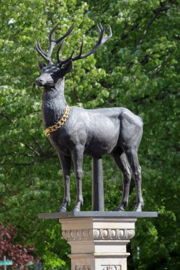 Magdeburg, Almanya - 14 Nisan 2024: Hirschsaeule, ya da Magdeburg Belediye Binası yakınlarındaki tarihi Geyik sütunu