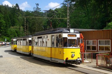 Bad Schandau, Almanya - 8 Haziran 2024: Kirnitzschtalbahn, Bad Schandau 'dan Lichtenhain Waterfal' a kadar uzanan bir tramvay.