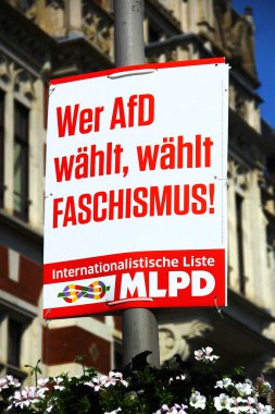 Erfurt, Germany - September 1, 2024: An election poster from the MarxistLeninist Party of Germany (MLPD) opposing the AfD party, stating Who votes for AfD, votes for fascism clipart