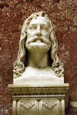 Donaustauf, Almanya - 26 Ekim 2024: Alman ressam Albrecht Durer 'in Walhalla' daki baskını, Alman tarihinin seçkin isimlerine adanmış Bavyera Şöhretler Salonu