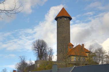 Auerbach, Germany - October 29, 2024: View of Auerbach castle tower in the center of Auerbach town in Vogtland, Saxony. clipart