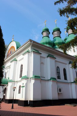 Kyiv, Ukrayna - 22 Nisan 2017: Ukrayna 'nın Kiev kentindeki Kitaevo Manastırı' ndaki Kutsal Üçlü Kilisesi 'nin Yeşil Kapsülleri