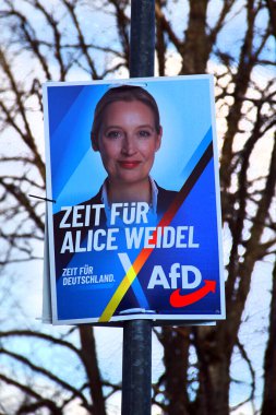 Bad Brambach, Almanya - 16 Şubat 2024: AfD partisinin parti lideri Alice Weidel 'in portresiyle birlikte seçim posteri