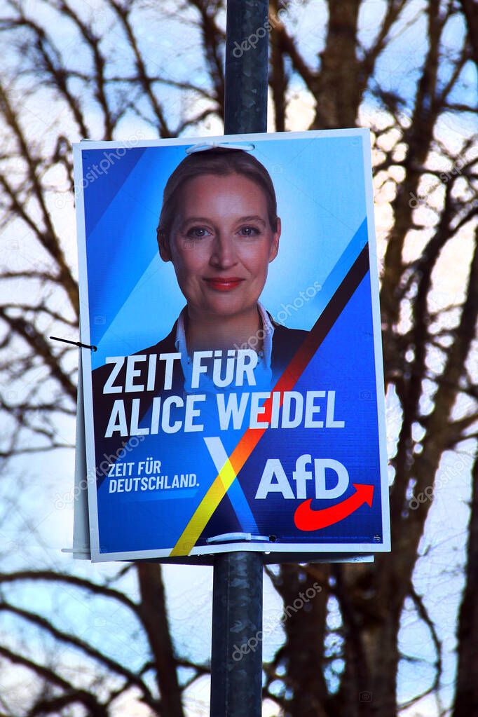Bad Brambach, Germany - February 16, 2024: Election poster of the AfD party with portrait of Alice Weidel, the party leader