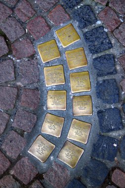 Goettingen, Almanya - 9 Mart 2025: Stolpersteine (Tökezleyen taşlar), üzerinde Nazi imha veya zulüm kurbanlarının isim ve yaşam tarihlerinin yazılı olduğu bir pirinç levha taşıyan beton küpler.