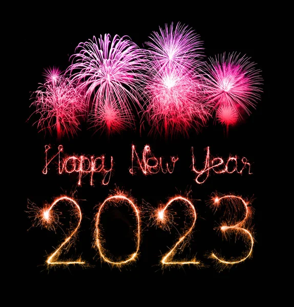 2023 Ευτυχισμένο Νέο Έτος Πυροτεχνήματα Εορτασμός Γραμμένο Αφρώδη Νύχτα — Φωτογραφία Αρχείου