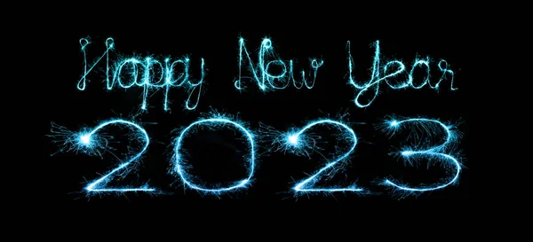 2023 Ευτυχισμένο Νέο Έτος Πυροτεχνήματα Εορτασμός Γραμμένο Αφρώδη Νύχτα — Φωτογραφία Αρχείου