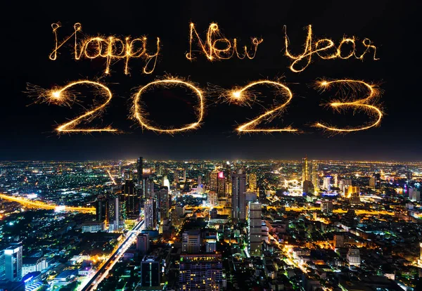 2023 Happy New Year Fireworks Celebrating Chao Phraya River Cityscape — Stock Photo, Image