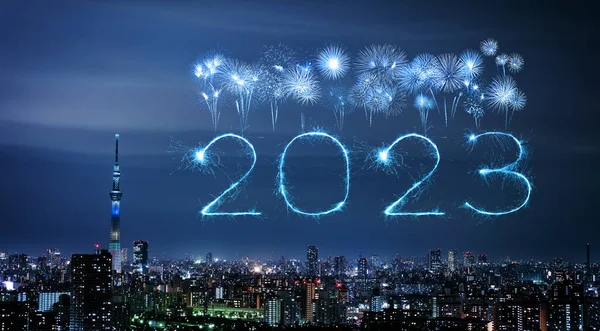 2023 Mutlu Yeni Yıl Havai Fişekleri Tokyo Şehri Üzerinde Geceleyin — Stok fotoğraf