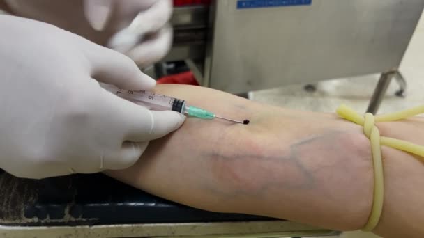 Doktorun Hemşirenin Boş Bir Şişeyle Kol Damarından Kan Örneği Alması — Stok video