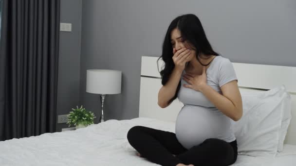 Pregnant Woman Feeling Nauseous Bed — Stock Video