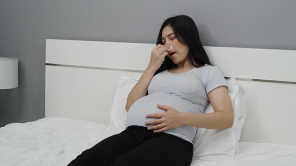 Mujer Embarazada Nariz Congestionada Estornudos Dolor Garganta Una Cama Gripe — Vídeos de Stock