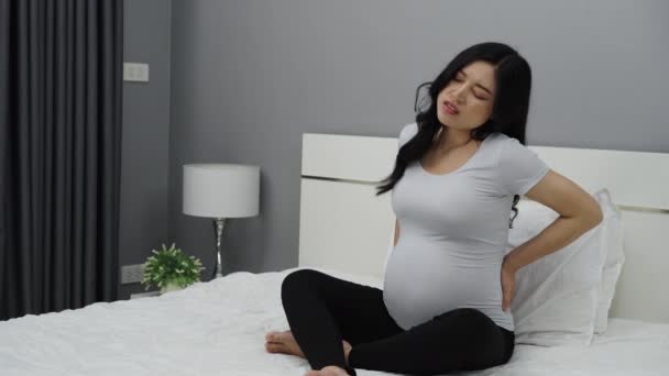 Mujer Embarazada Que Sufre Dolor Espalda Baja Una Cama — Vídeos de Stock