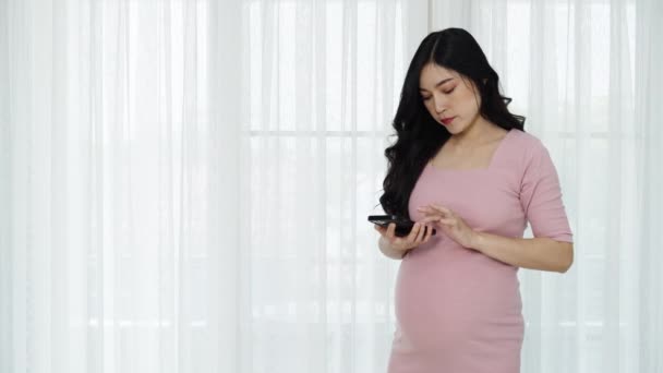 在窗口背景上使用智能手机的孕妇 — 图库视频影像