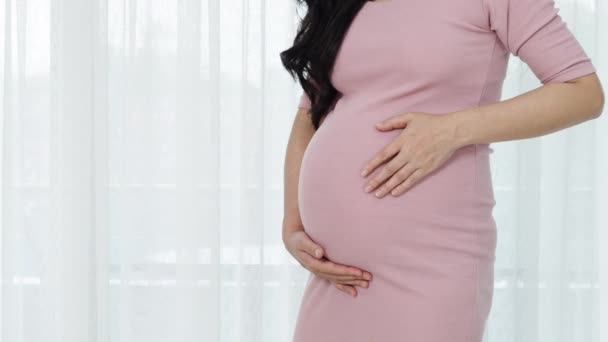 Cerrar Hasta Embarazada Acariciando Vientre Ventana Fondo — Vídeos de Stock
