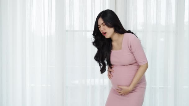 Gravid Kvinna Har Magont Fönstret Bakgrund — Stockvideo