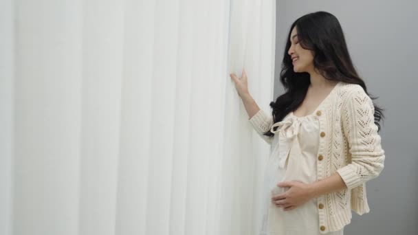 Mutlu Hamile Kadın Pencereye Bakıyor Yatak Odasında Karnını Okşuyor — Stok video