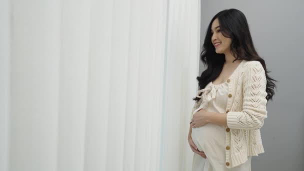 Ευτυχισμένη Έγκυος Γυναίκα Κοιτάζοντας Παράθυρο Και Χαϊδεύοντας Την Κοιλιά Της — Αρχείο Βίντεο