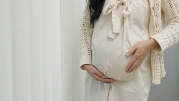 Cerrar Hasta Embarazada Acariciando Vientre Ventana Fondo — Vídeos de Stock