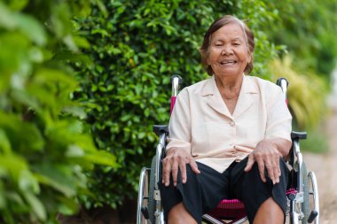 happy senior woman sitting in wheelchair at the park