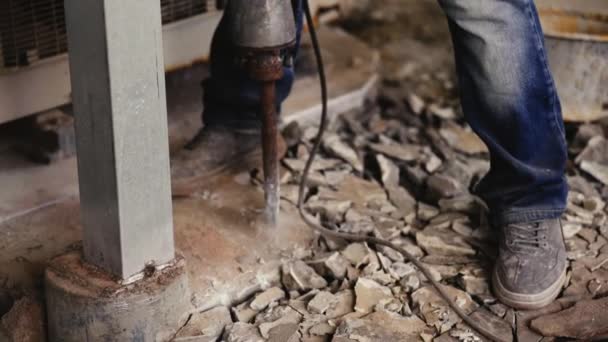 Slow Motion Labor Using Jackhammer Break Concrete Floor — ストック動画