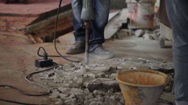 Slow Motion Labor Using Jackhammer Break Concrete Floor — Αρχείο Βίντεο