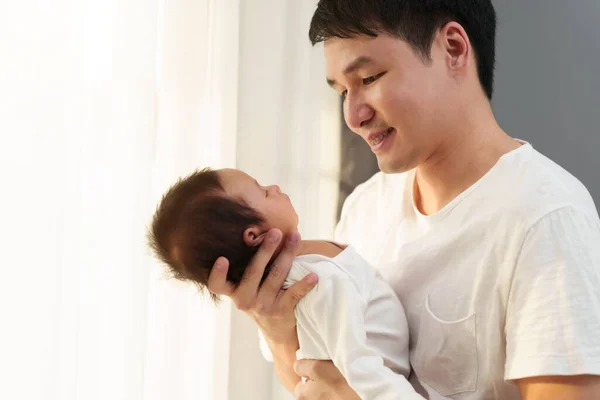 Father Holding Looking His Newborn Baby Window Bedroom — Stock Photo, Image