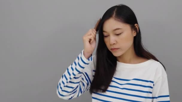 Stressed Woman Having Hair Loss Problem Her Hairbrush — Stock Video