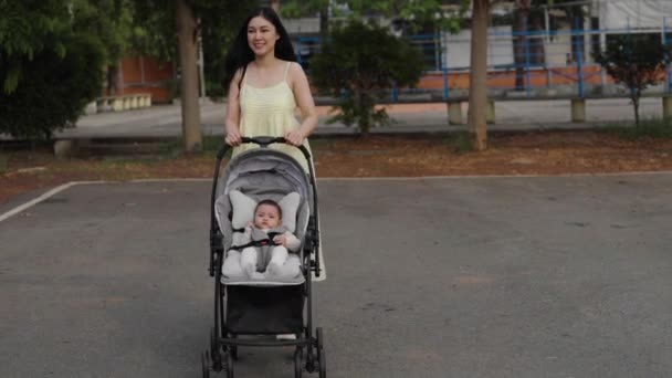 Feliz Madre Empujando Bebé Bebé Cochecito Caminando Parque — Vídeos de Stock