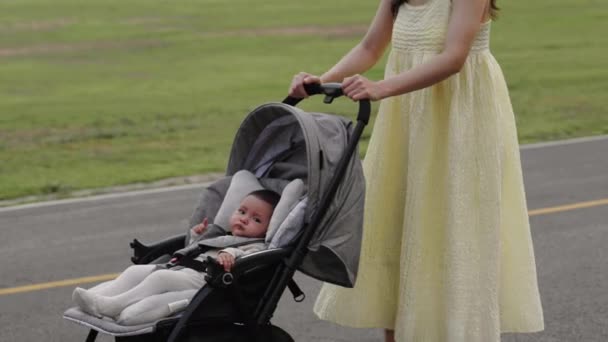 Csecsemő Baba Babakocsiban Anya Nyomja Séta Közben Parkban — Stock videók