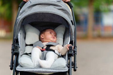 Bebek bebek bebek arabasında oturuyor.